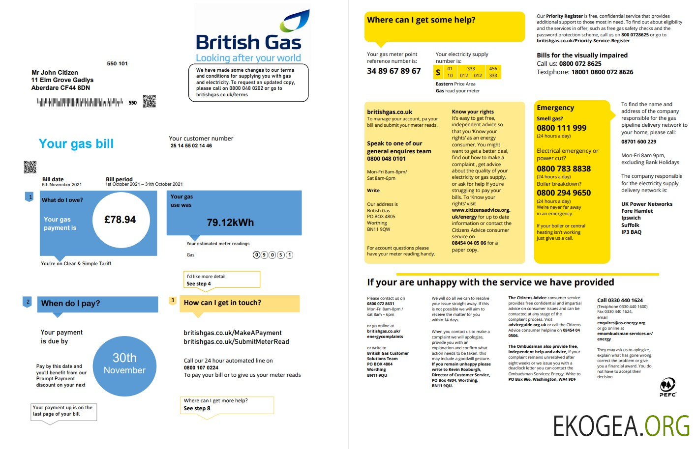 United Kingdom British Gas utility bill template in Word and PDF format fully editable (2 pages) version 1